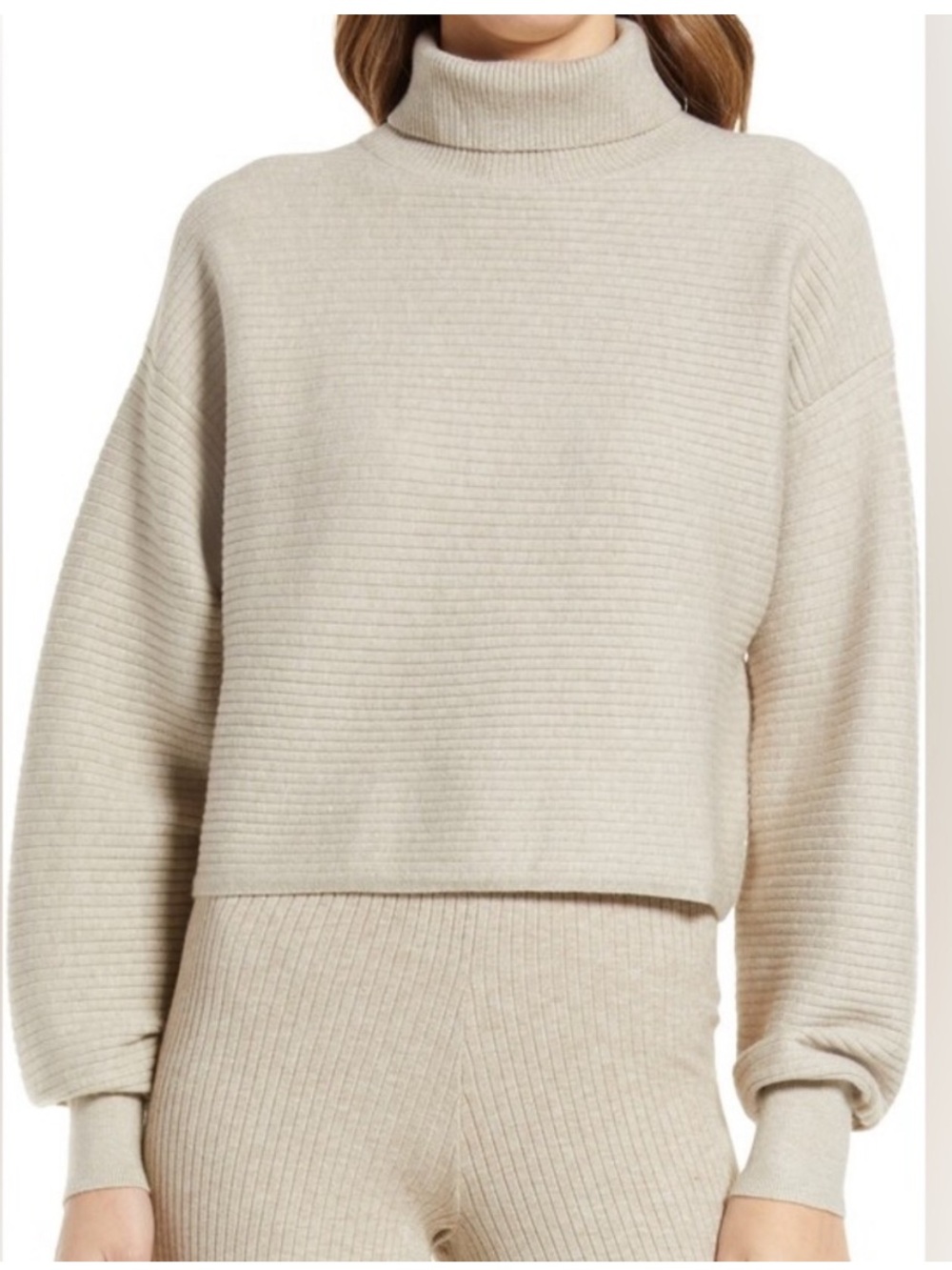 Good American Turtleneck Ribbed Cropped Sweater - Cream/oatmeal